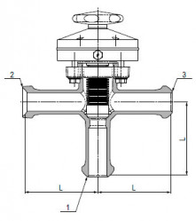 Запирающий клапан с выходом, DN 25 RK/RK/RK, с пневматическим управлением